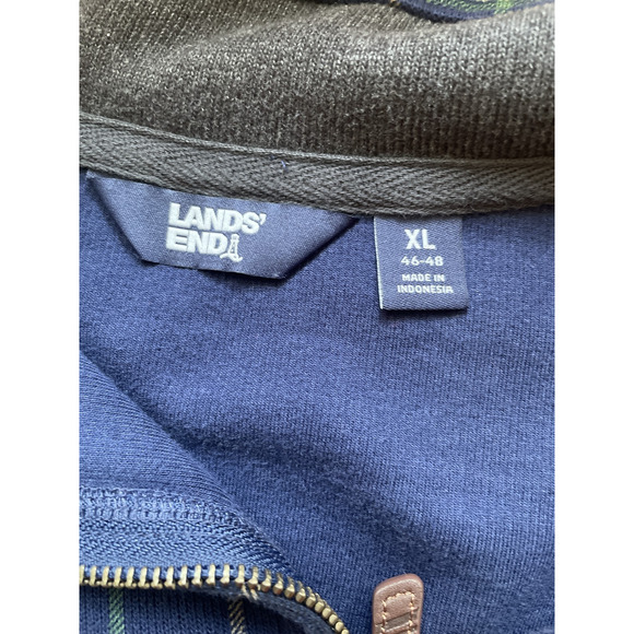 Lands End Sweater Men XL Blue Green Tan Plaid 1/4 Zip Knit Pullover Collared - Picture 5 of 13